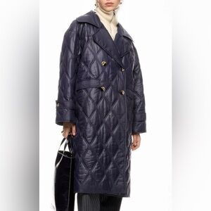 GANNI Women's Elegant Navy Shiny Quilted Coat